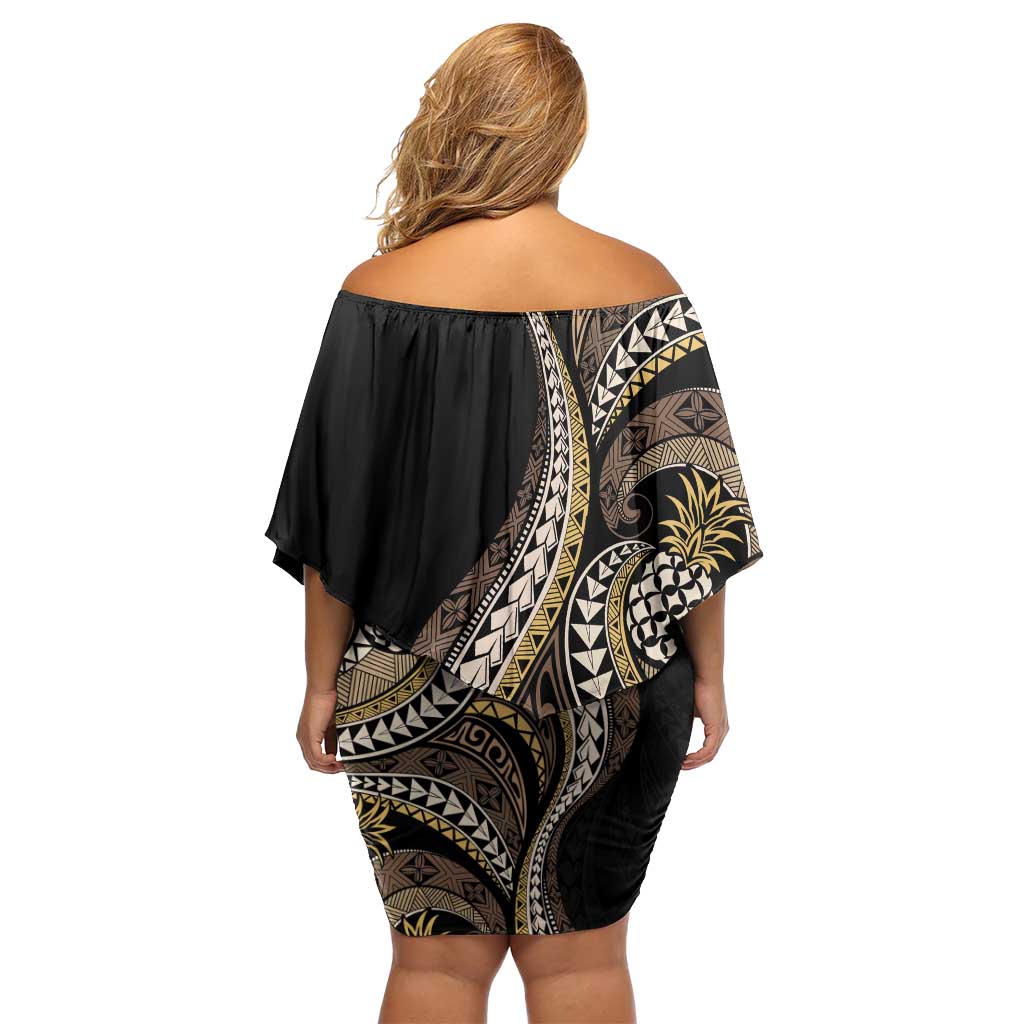 Hawaii Pineapple Brown Tribal Pattern Family Matching Off Shoulder Short Dress and Hawaiian Shirt - Polynesian Pride
