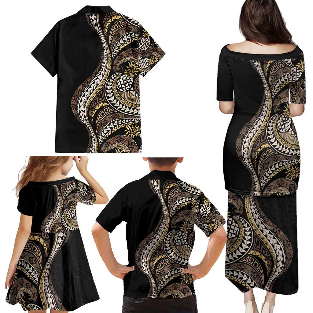 Hawaii Pineapple Brown Tribal Pattern Family Matching Puletasi and Hawaiian Shirt - Polynesian Pride