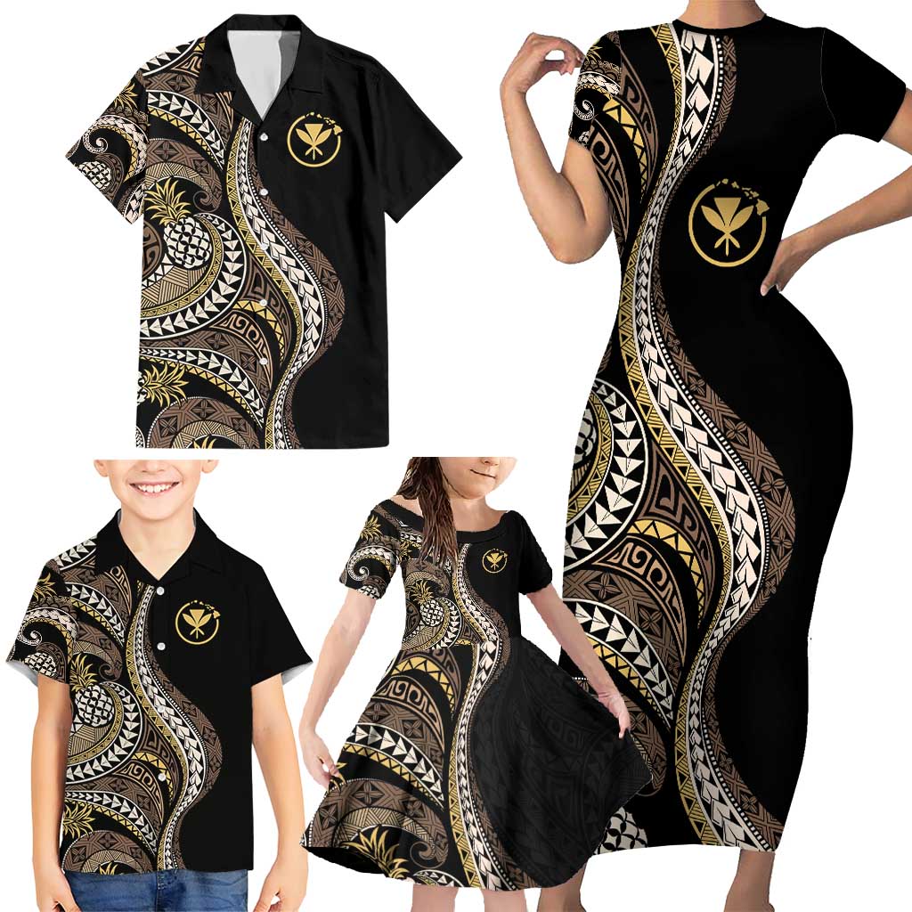 Hawaii Pineapple Brown Tribal Pattern Family Matching Short Sleeve Bodycon Dress and Hawaiian Shirt - Polynesian Pride