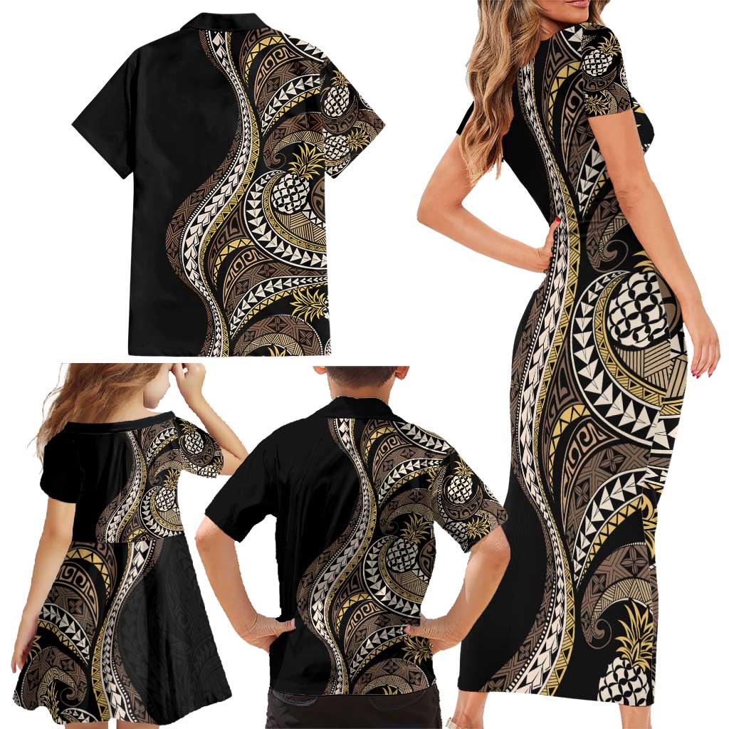 Hawaii Pineapple Brown Tribal Pattern Family Matching Short Sleeve Bodycon Dress and Hawaiian Shirt - Polynesian Pride