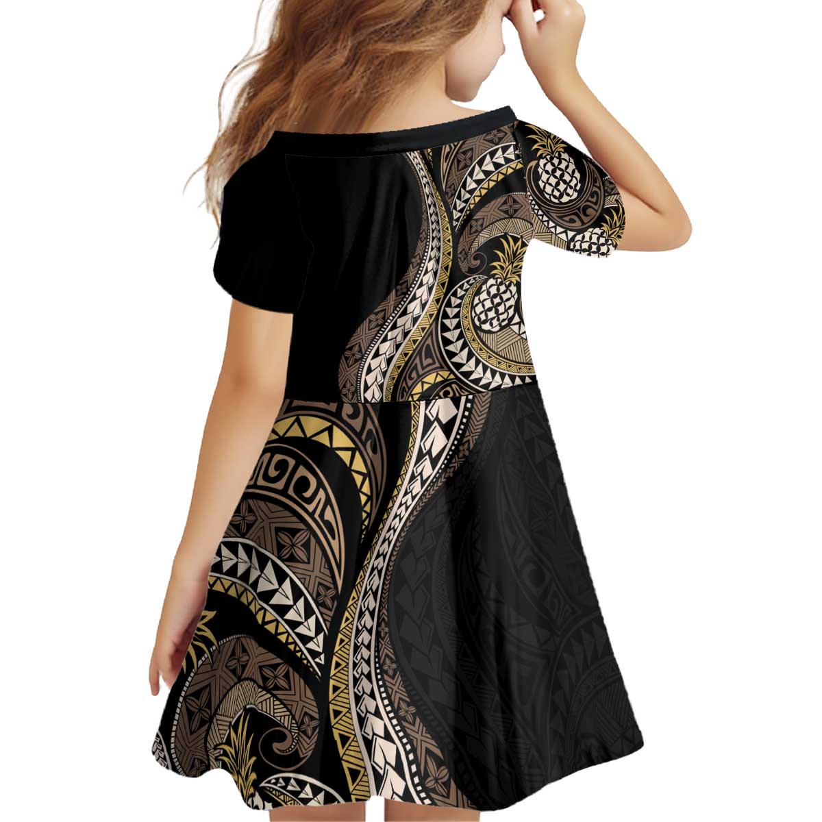 Hawaii Pineapple Brown Tribal Pattern Kid Short Sleeve Dress - Polynesian Pride