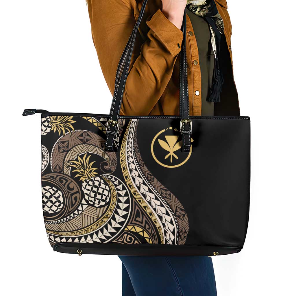Hawaii Pineapple Brown Tribal Pattern Leather Tote Bag - Polynesian Pride