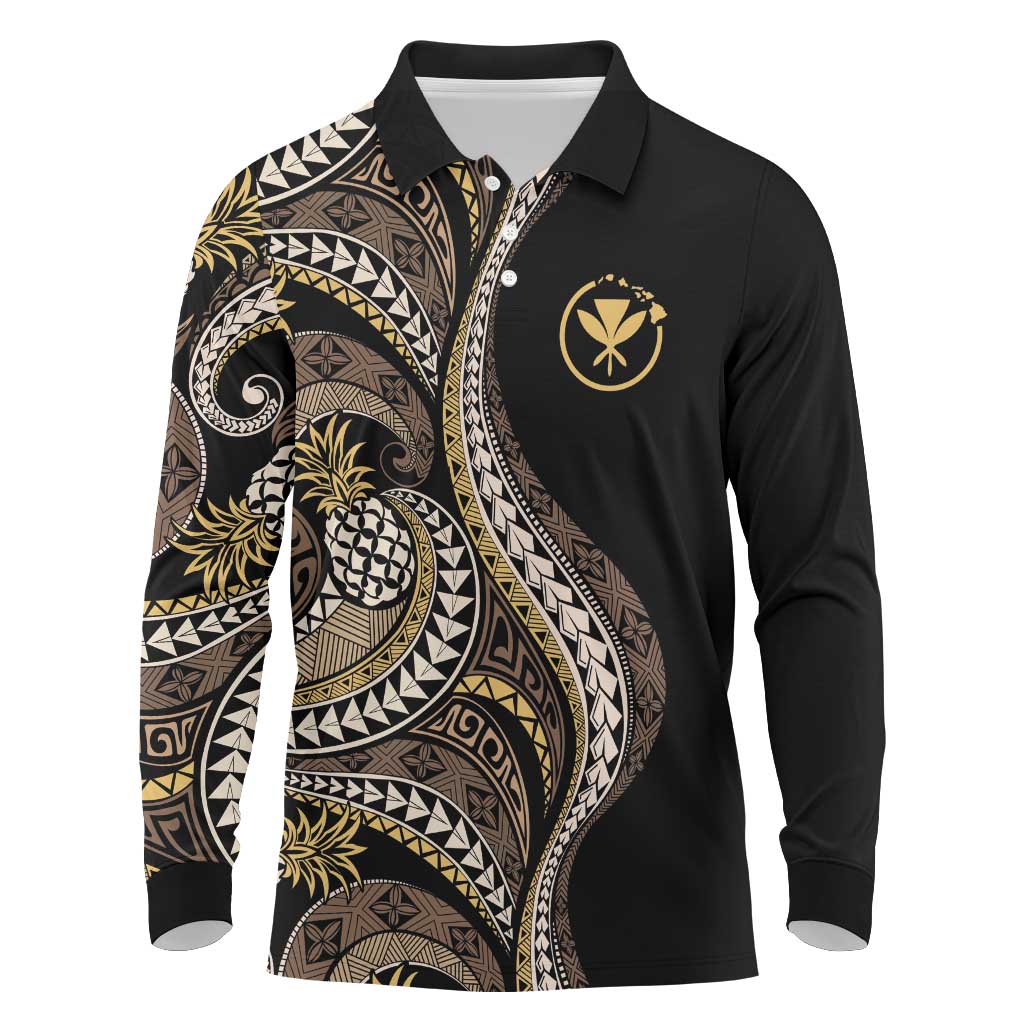 Hawaii Pineapple Brown Tribal Pattern Long Sleeve Polo Shirt - Polynesian Pride