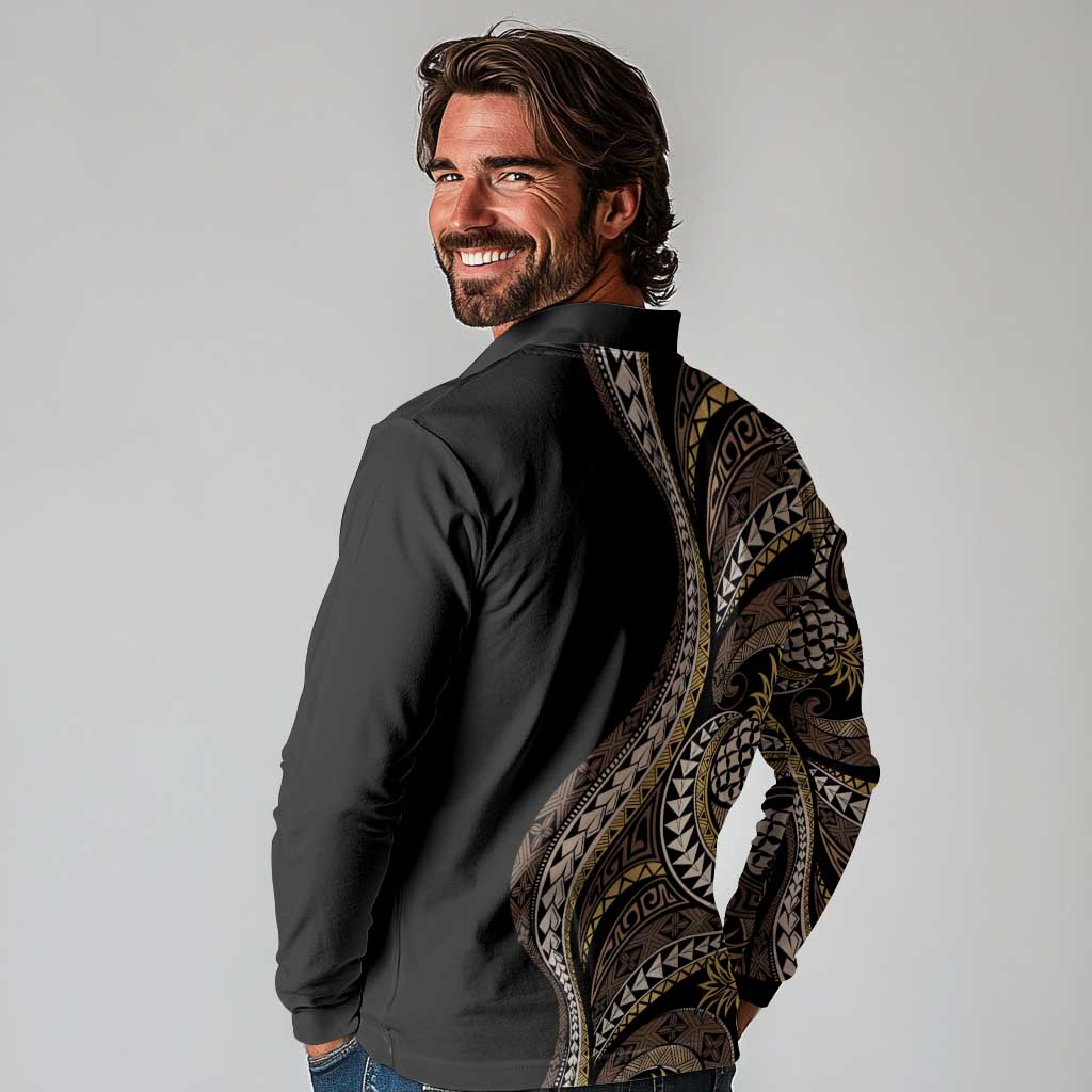 Hawaii Pineapple Brown Tribal Pattern Long Sleeve Polo Shirt - Polynesian Pride