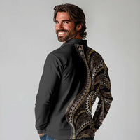 Hawaii Pineapple Brown Tribal Pattern Long Sleeve Polo Shirt - Polynesian Pride