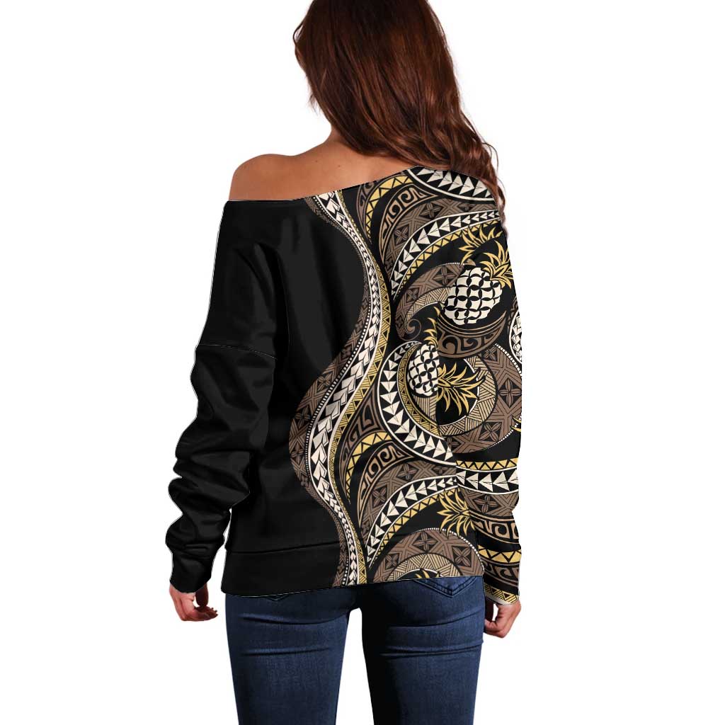 Hawaii Pineapple Brown Tribal Pattern Off Shoulder Sweater - Polynesian Pride