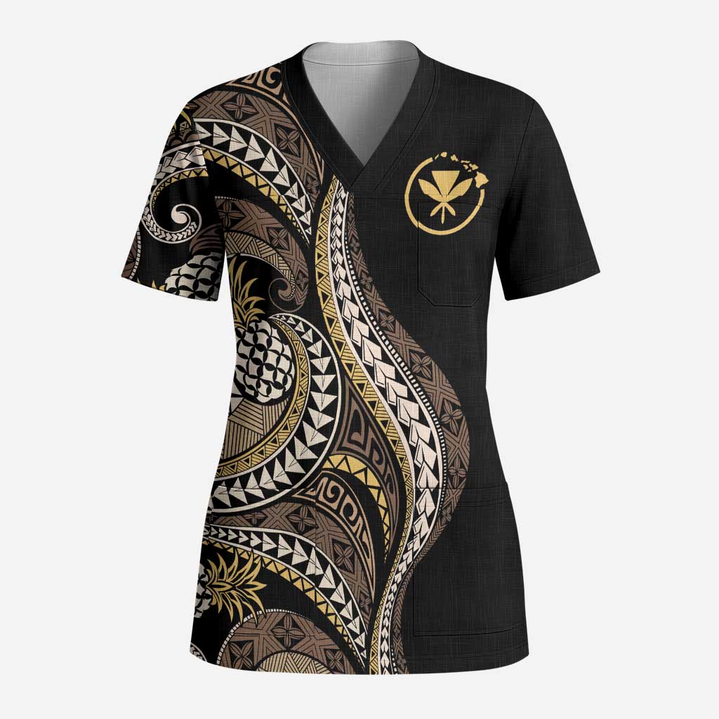 Hawaii Pineapple Brown Tribal Pattern Scrub Top - Polynesian Pride