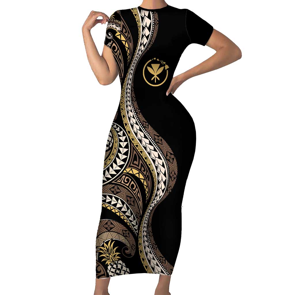 Hawaii Pineapple Brown Tribal Pattern Short Sleeve Bodycon Dress - Polynesian Pride