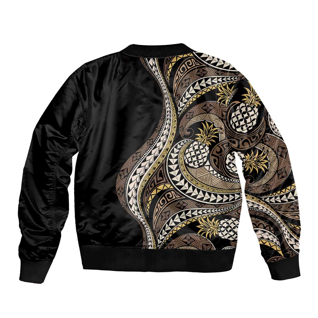Hawaii Pineapple Brown Tribal Pattern Sleeve Zip Bomber Jacket - Polynesian Pride