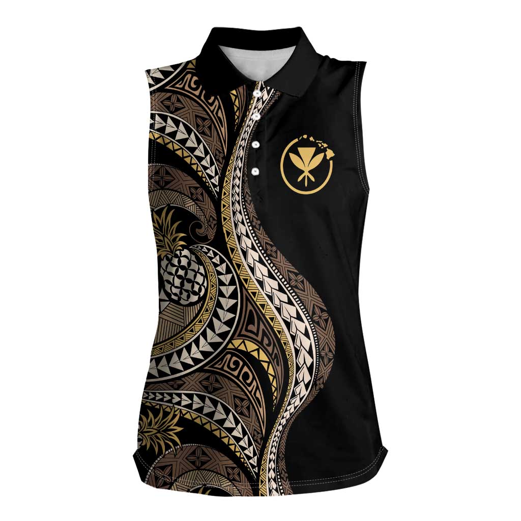 Hawaii Pineapple Brown Tribal Pattern Women Sleeveless Polo Shirt - Polynesian Pride