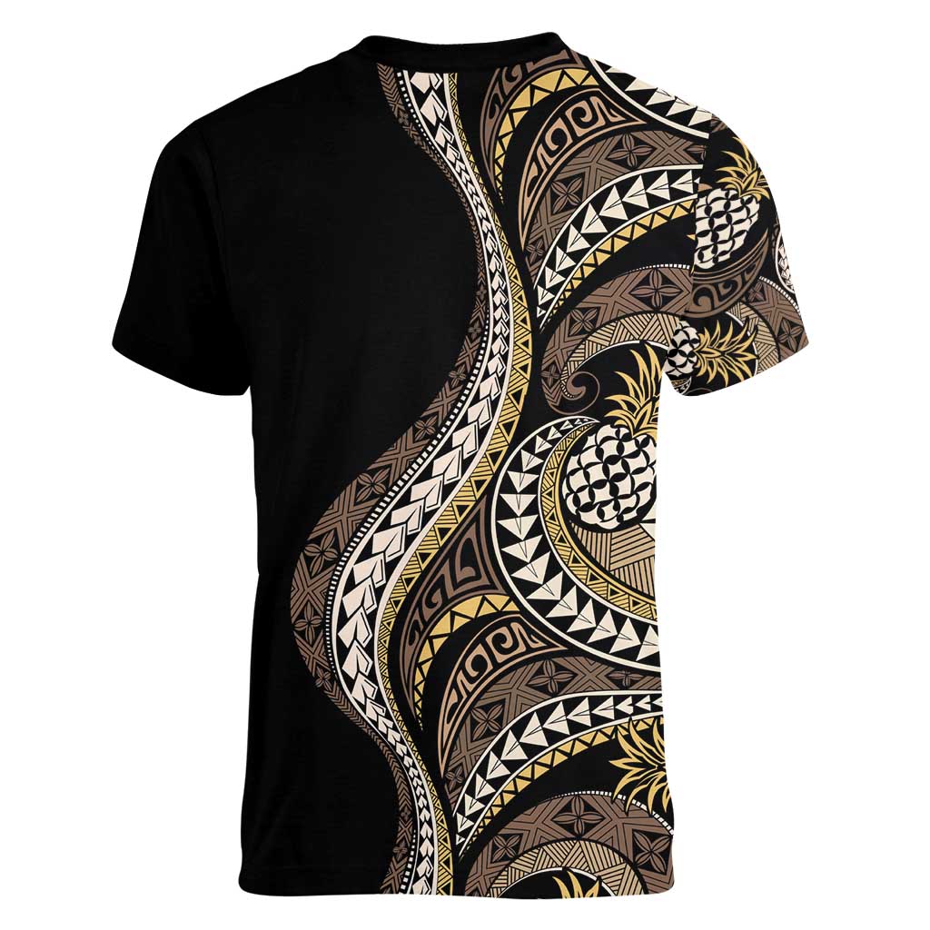 Hawaii Pineapple Brown Tribal Pattern Women V-Neck T-Shirt - Polynesian Pride