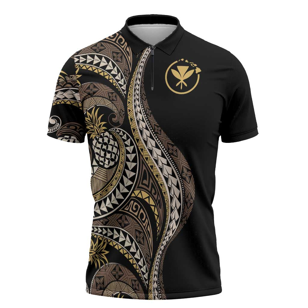 Hawaii Pineapple Brown Tribal Pattern Zipper Polo Shirt - Polynesian Pride