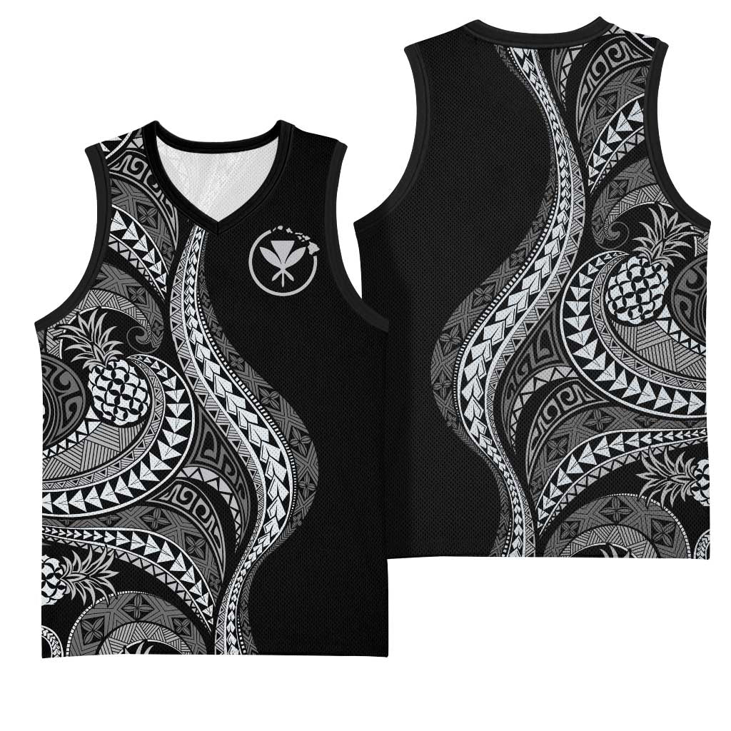 Hawaii Pineapple Gray Scale Tribal Pattern Basketball Jersey - Polynesian Pride