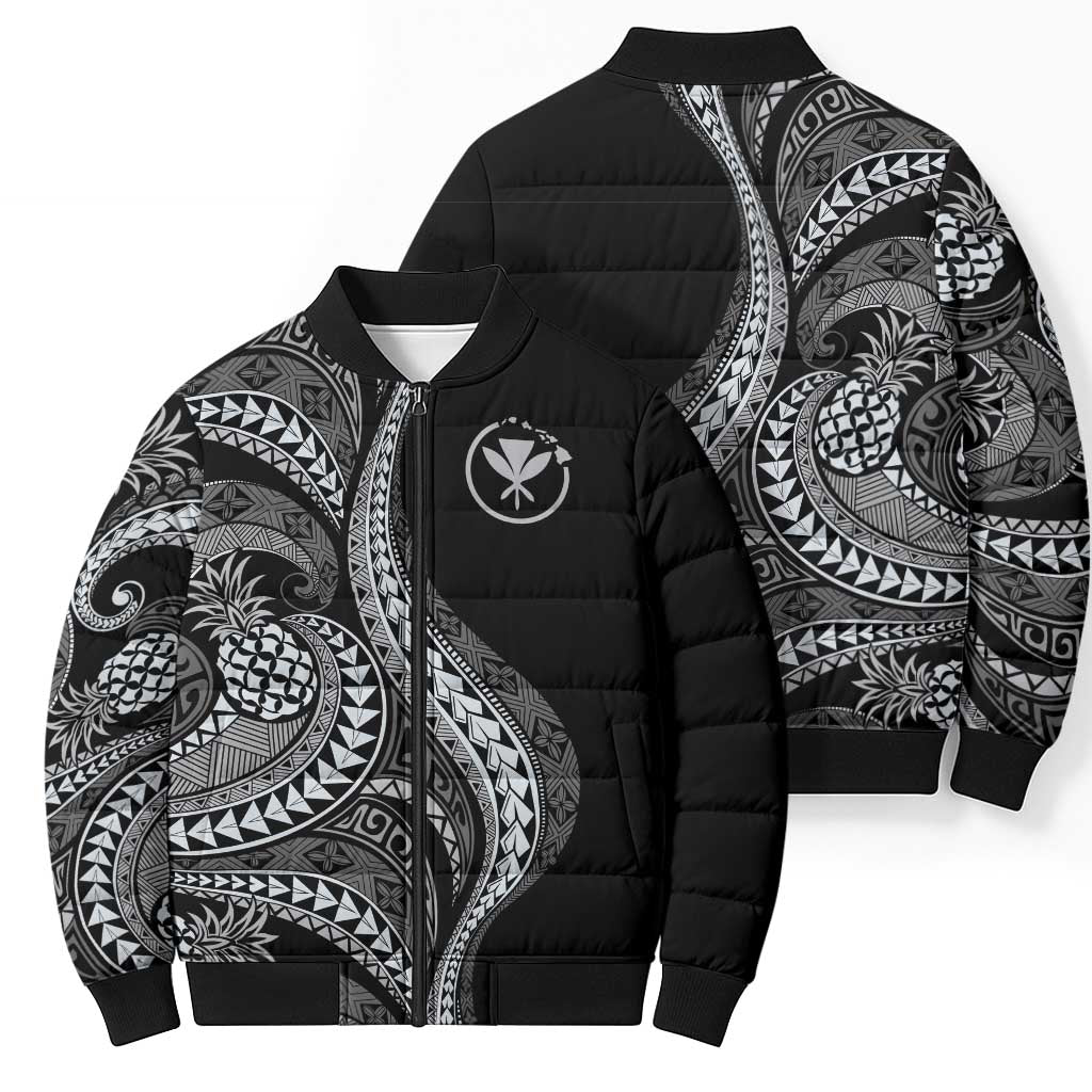 Hawaii Pineapple Gray Scale Tribal Pattern Bomber Puffer Jacket - Polynesian Pride