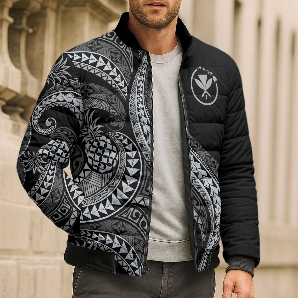 Hawaii Pineapple Gray Scale Tribal Pattern Bomber Puffer Jacket - Polynesian Pride