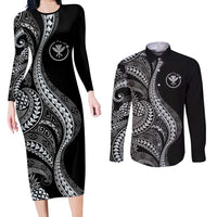 Hawaii Pineapple Gray Scale Tribal Pattern Couples Matching Long Sleeve Bodycon Dress and Long Sleeve Button Shirt - Polynesian Pride