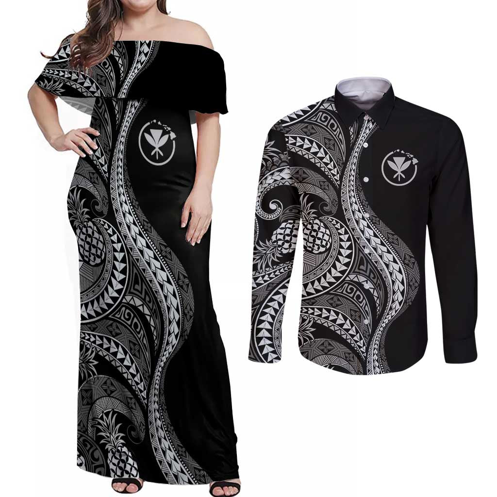 Hawaii Pineapple Gray Scale Tribal Pattern Couples Matching Off Shoulder Maxi Dress and Long Sleeve Button Shirt - Polynesian Pride