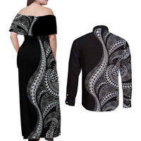 Hawaii Pineapple Gray Scale Tribal Pattern Couples Matching Off Shoulder Maxi Dress and Long Sleeve Button Shirt - Polynesian Pride