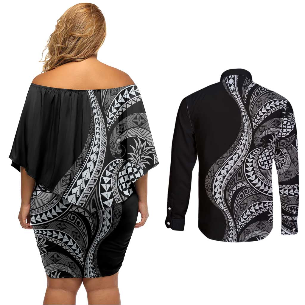Hawaii Pineapple Gray Scale Tribal Pattern Couples Matching Off Shoulder Short Dress and Long Sleeve Button Shirt - Polynesian Pride