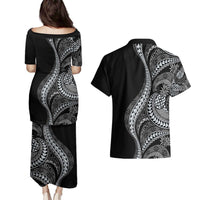 Hawaii Pineapple Gray Scale Tribal Pattern Couples Matching Puletasi and Hawaiian Shirt - Polynesian Pride