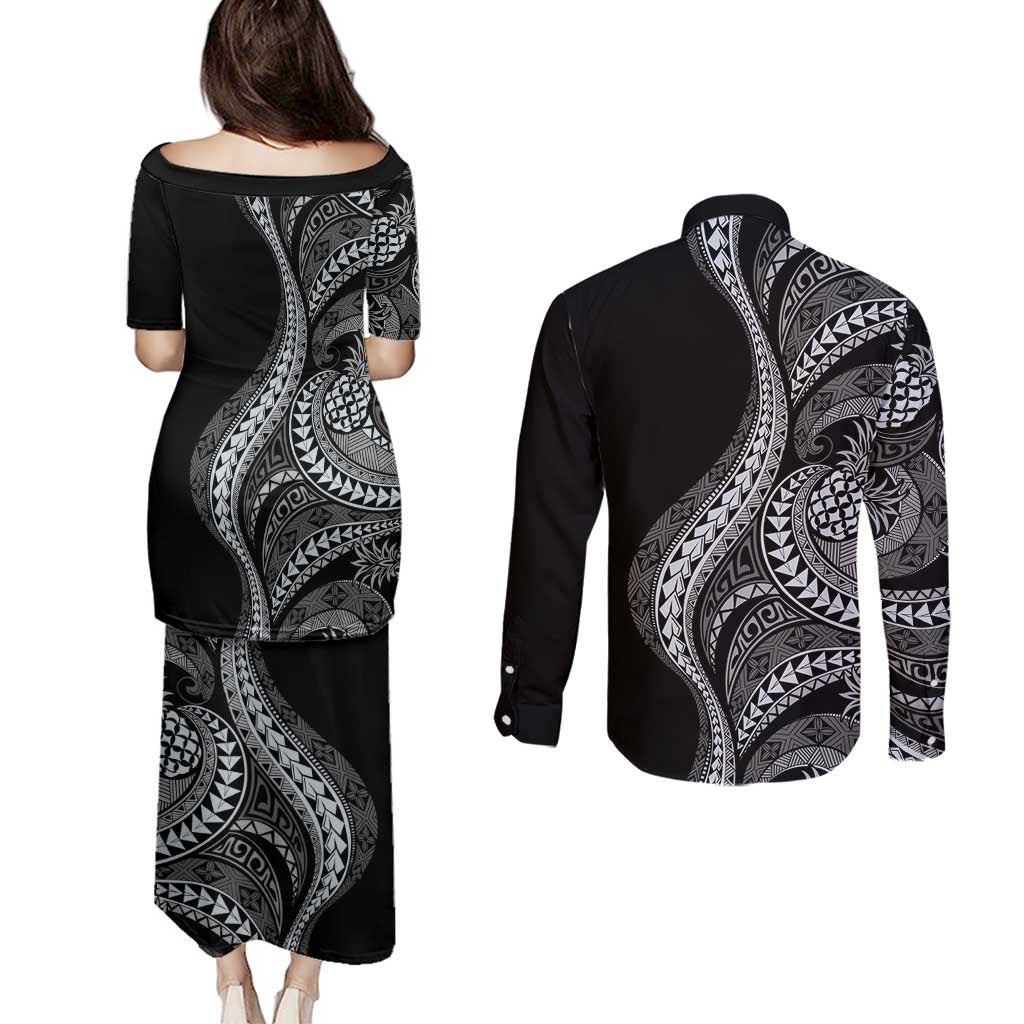 Hawaii Pineapple Gray Scale Tribal Pattern Couples Matching Puletasi and Long Sleeve Button Shirt - Polynesian Pride