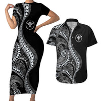 Hawaii Pineapple Gray Scale Tribal Pattern Couples Matching Short Sleeve Bodycon Dress and Hawaiian Shirt - Polynesian Pride