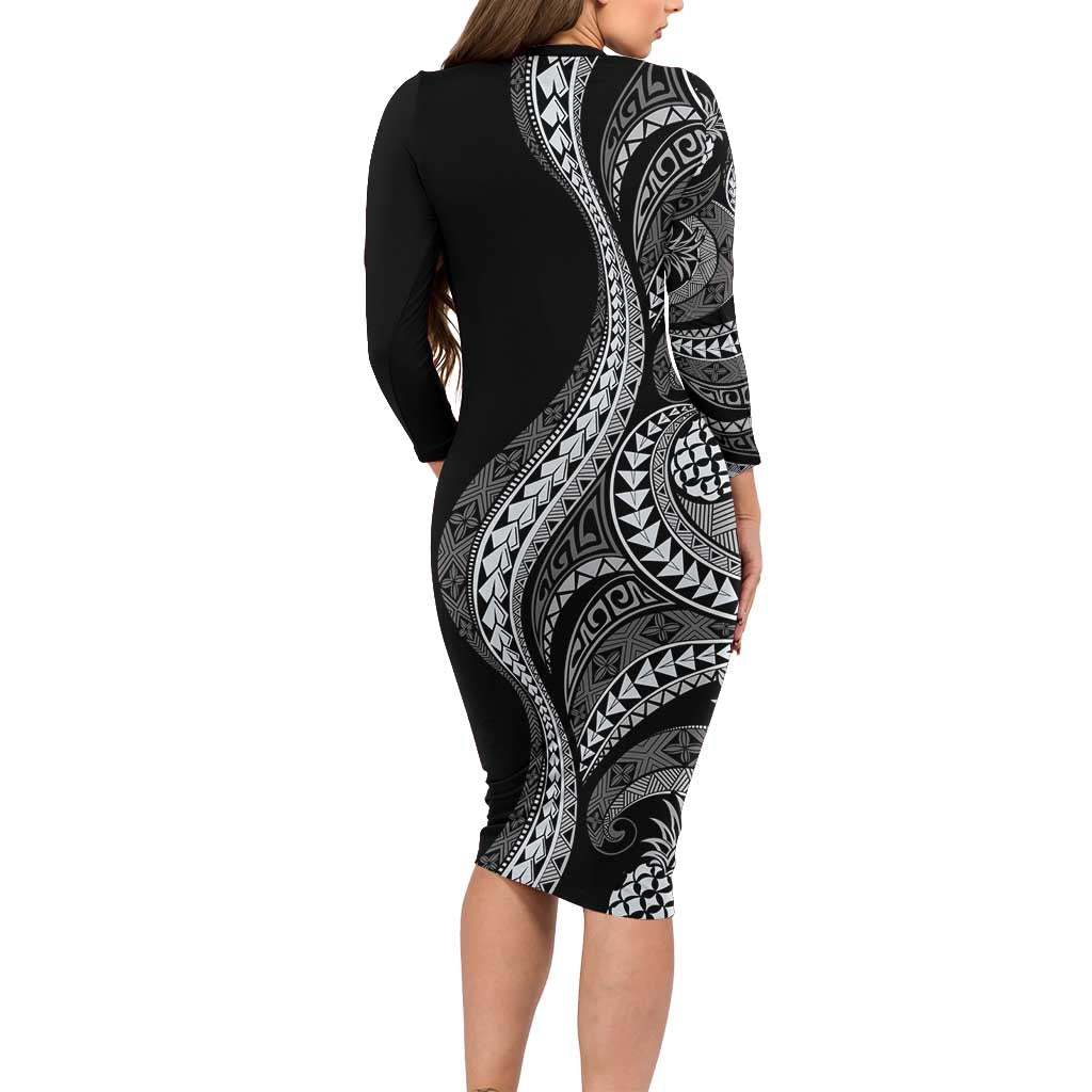 Hawaii Pineapple Gray Scale Tribal Pattern Family Matching Long Sleeve Bodycon Dress and Hawaiian Shirt - Polynesian Pride