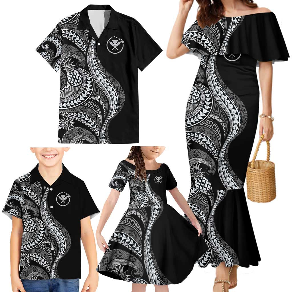 Hawaii Pineapple Gray Scale Tribal Pattern Family Matching Mermaid Dress and Hawaiian Shirt - Polynesian Pride