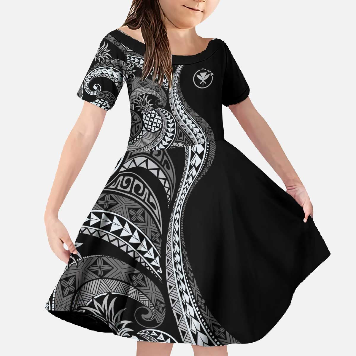 Hawaii Pineapple Gray Scale Tribal Pattern Family Matching Off The Shoulder Long Sleeve Dress and Hawaiian Shirt - Polynesian Pride