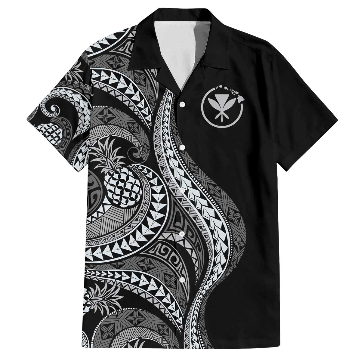 Hawaii Pineapple Gray Scale Tribal Pattern Family Matching Off The Shoulder Long Sleeve Dress and Hawaiian Shirt - Polynesian Pride