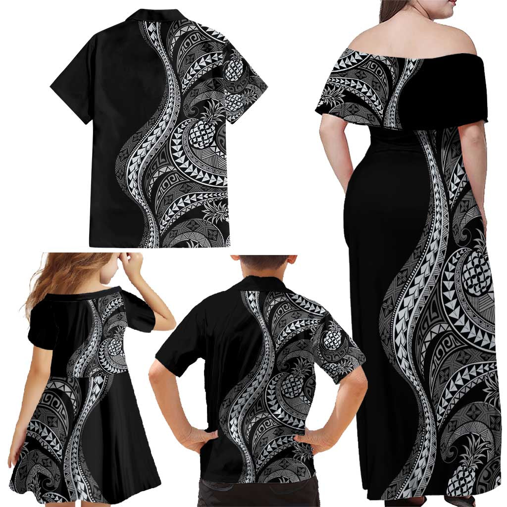 Hawaii Pineapple Gray Scale Tribal Pattern Family Matching Off Shoulder Maxi Dress and Hawaiian Shirt - Polynesian Pride
