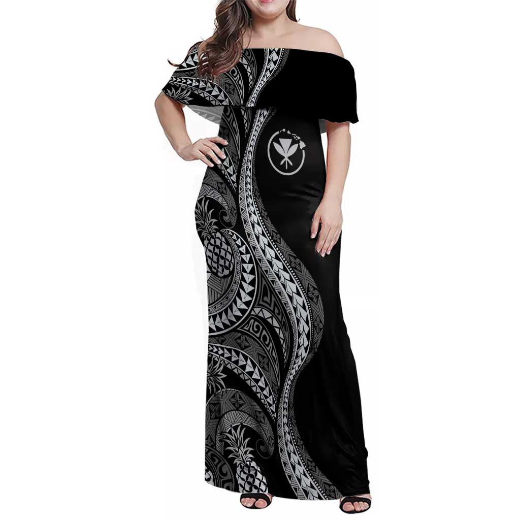 Hawaii Pineapple Gray Scale Tribal Pattern Family Matching Off Shoulder Maxi Dress and Hawaiian Shirt - Polynesian Pride