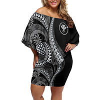 Hawaii Pineapple Gray Scale Tribal Pattern Family Matching Off Shoulder Short Dress and Hawaiian Shirt - Polynesian Pride