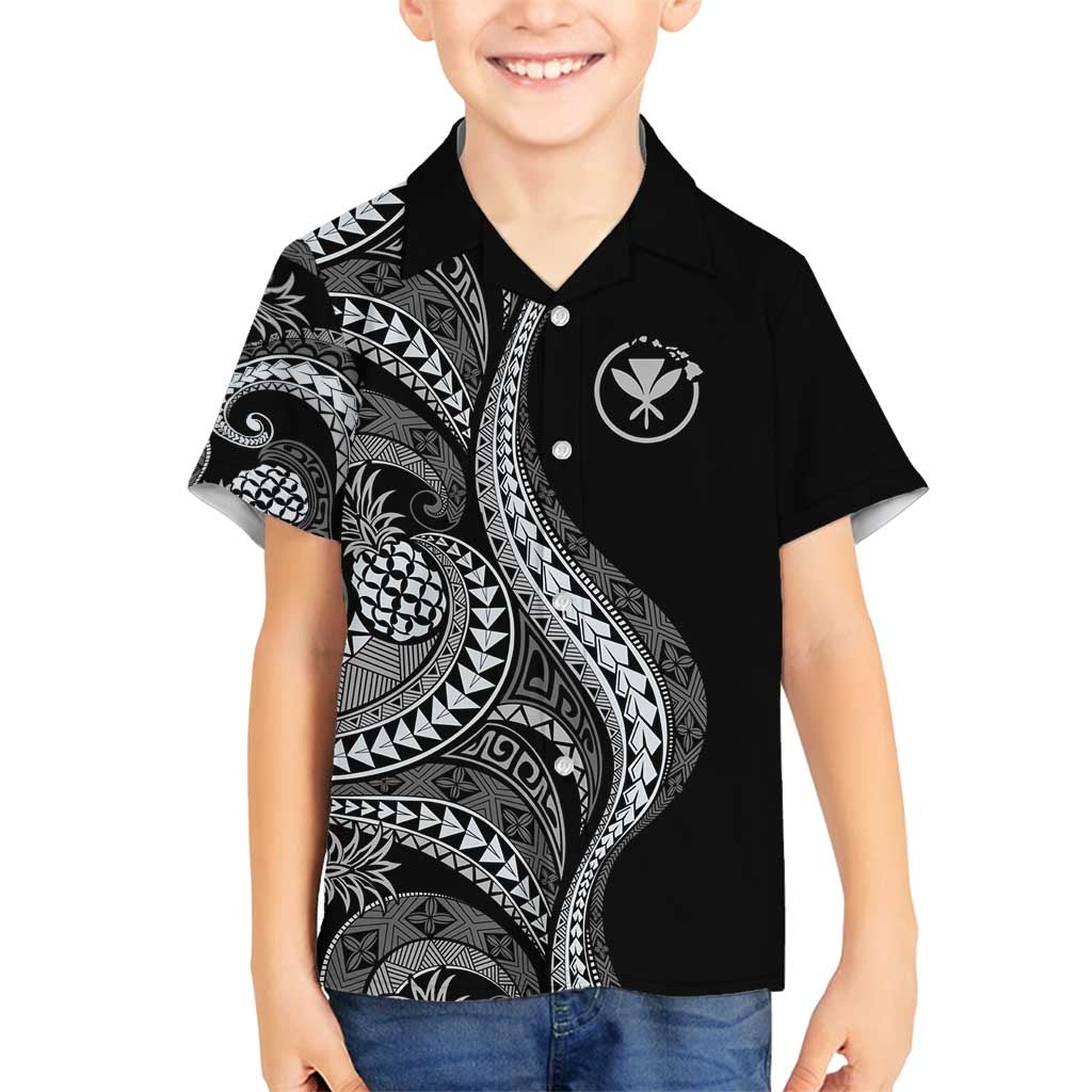 Hawaii Pineapple Gray Scale Tribal Pattern Family Matching Off Shoulder Short Dress and Hawaiian Shirt - Polynesian Pride
