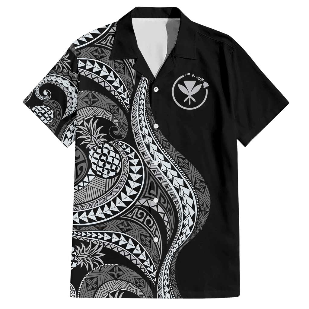 Hawaii Pineapple Gray Scale Tribal Pattern Family Matching Short Sleeve Bodycon Dress and Hawaiian Shirt - Polynesian Pride