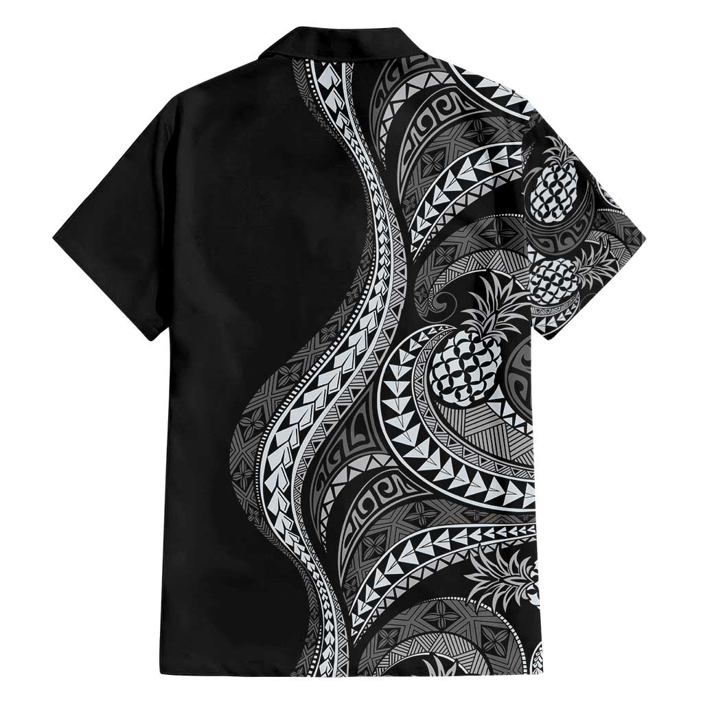 Hawaii Pineapple Gray Scale Tribal Pattern Family Matching Short Sleeve Bodycon Dress and Hawaiian Shirt - Polynesian Pride