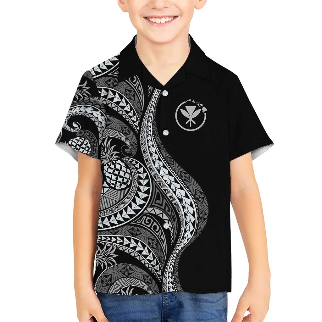Hawaii Pineapple Gray Scale Tribal Pattern Family Matching Short Sleeve Bodycon Dress and Hawaiian Shirt - Polynesian Pride