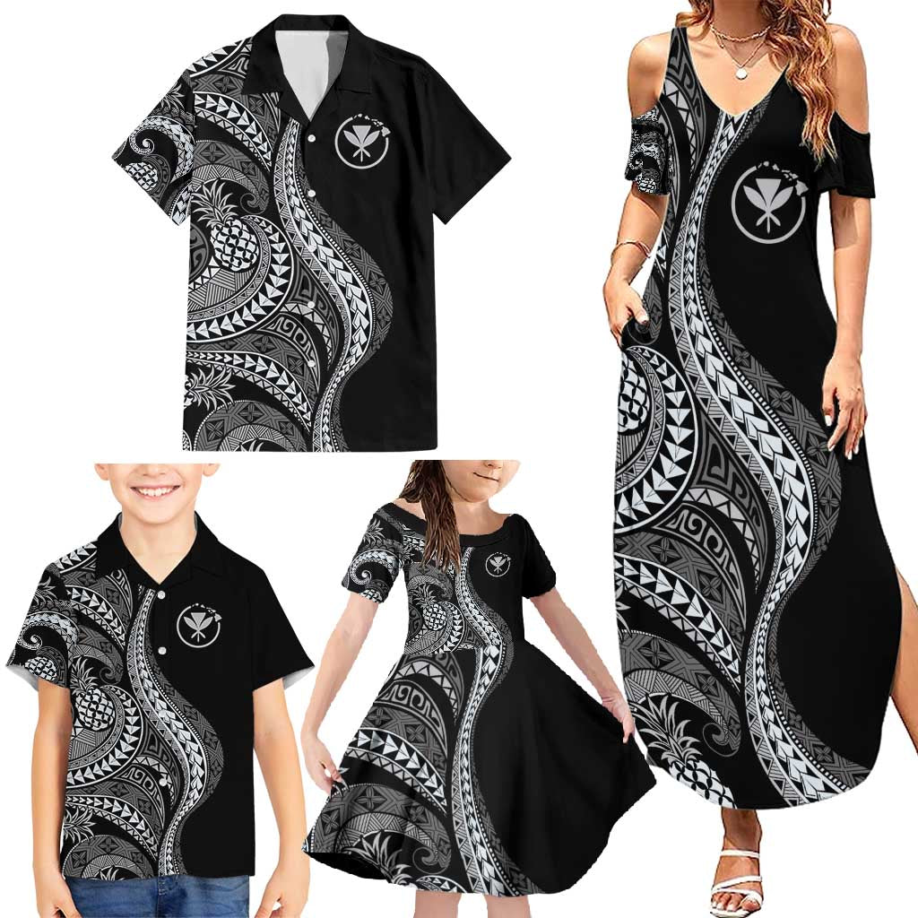 Hawaii Pineapple Gray Scale Tribal Pattern Family Matching Summer Maxi Dress and Hawaiian Shirt - Polynesian Pride