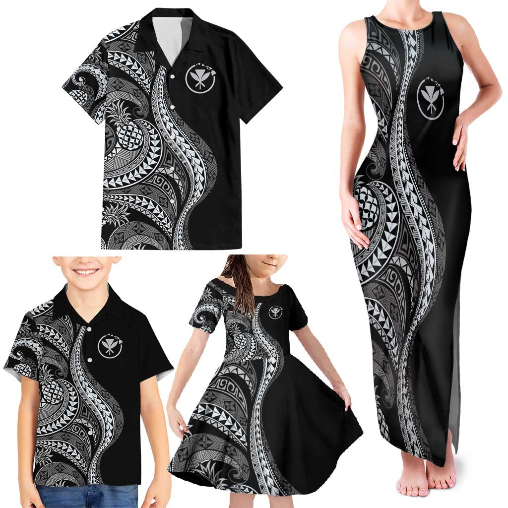 Hawaii Pineapple Gray Scale Tribal Pattern Family Matching Tank Maxi Dress and Hawaiian Shirt - Polynesian Pride