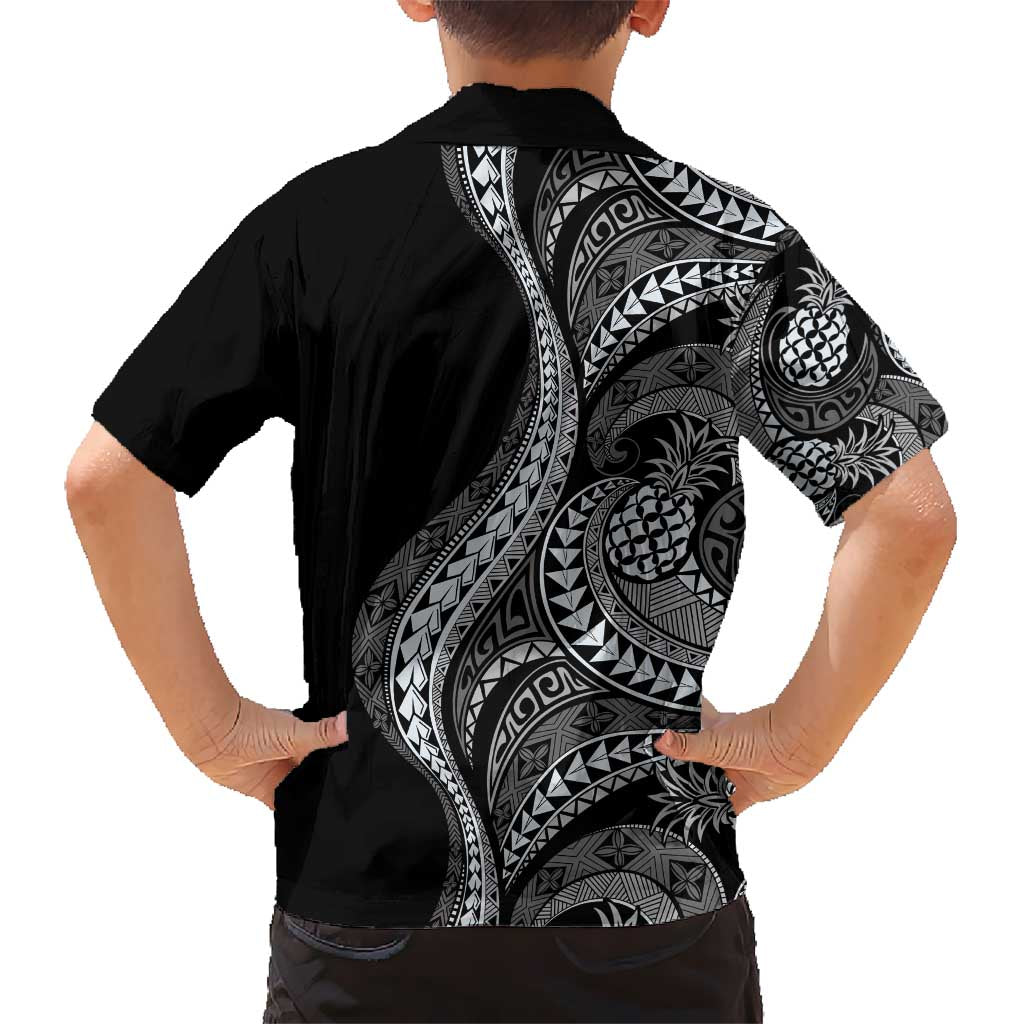 Hawaii Pineapple Gray Scale Tribal Pattern Kid Hawaiian Shirt - Polynesian Pride
