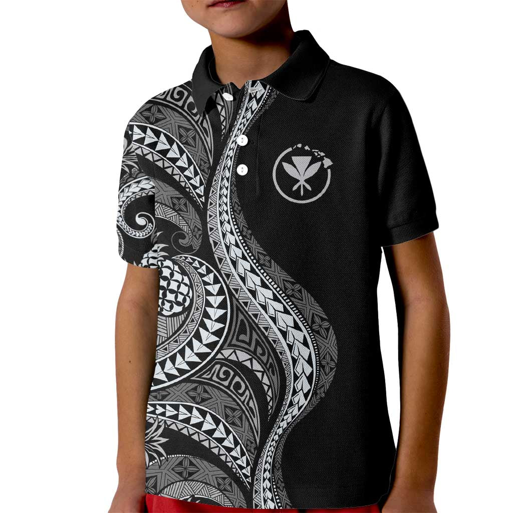 Hawaii Pineapple Gray Scale Tribal Pattern Kid Polo Shirt - Polynesian Pride