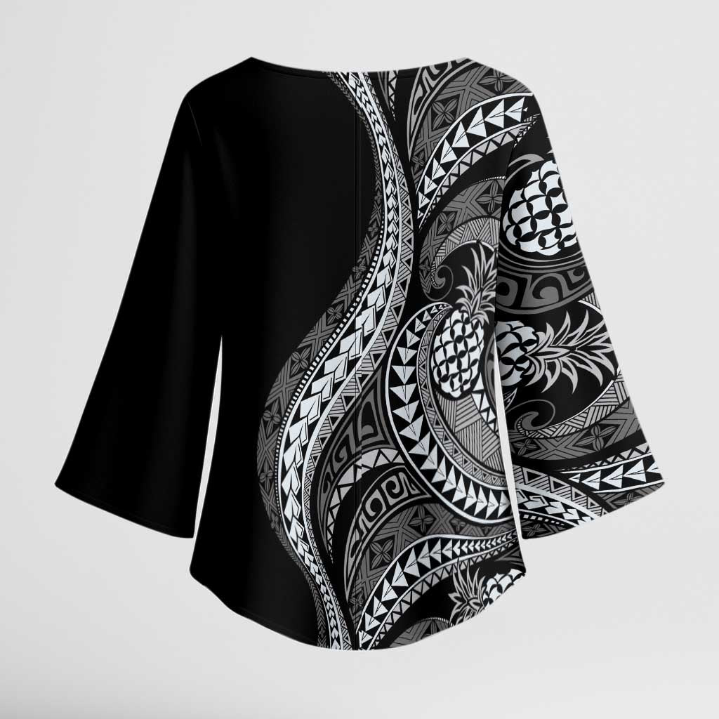 Hawaii Pineapple Gray Scale Tribal Pattern Kimono Sleeve Blouse - Polynesian Pride