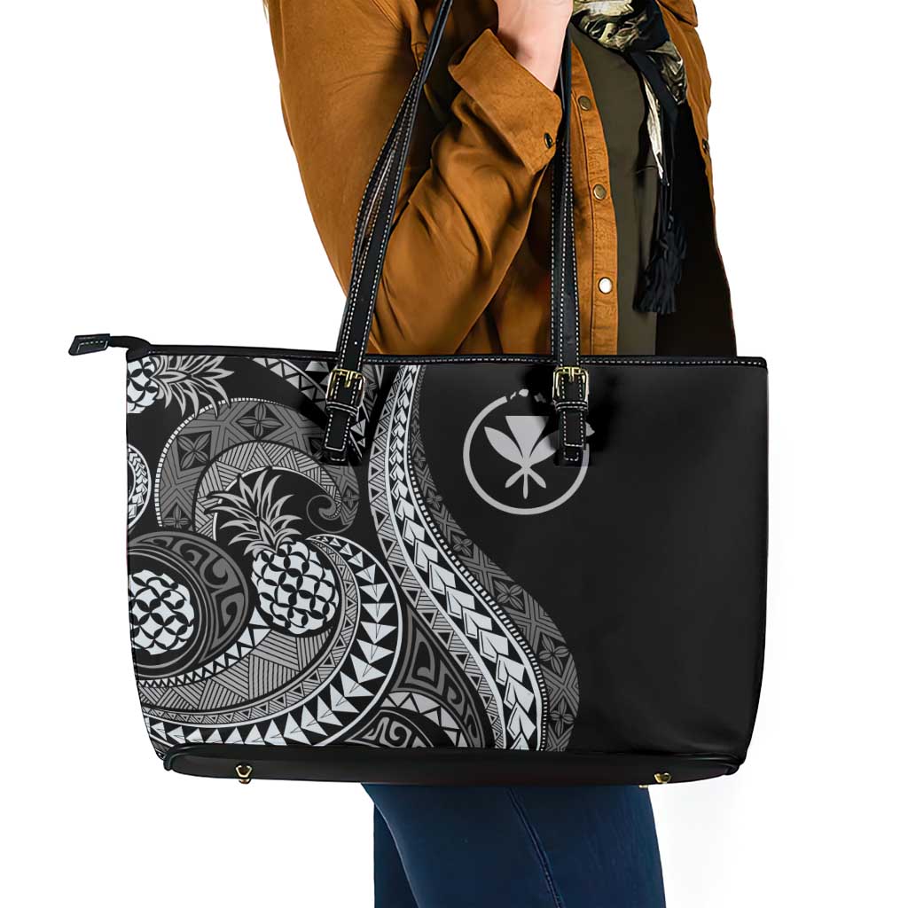 Hawaii Pineapple Gray Scale Tribal Pattern Leather Tote Bag - Polynesian Pride