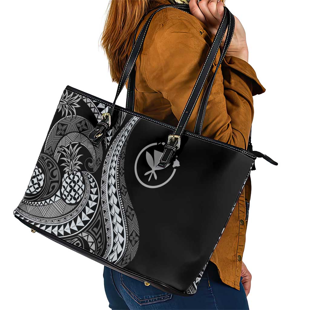 Hawaii Pineapple Gray Scale Tribal Pattern Leather Tote Bag - Polynesian Pride