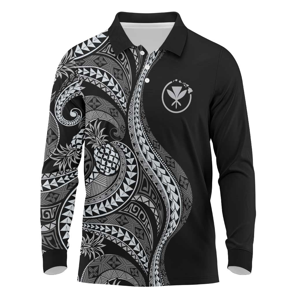 Hawaii Pineapple Gray Scale Tribal Pattern Long Sleeve Polo Shirt - Polynesian Pride