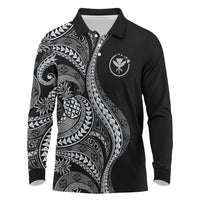 Hawaii Pineapple Gray Scale Tribal Pattern Long Sleeve Polo Shirt - Polynesian Pride