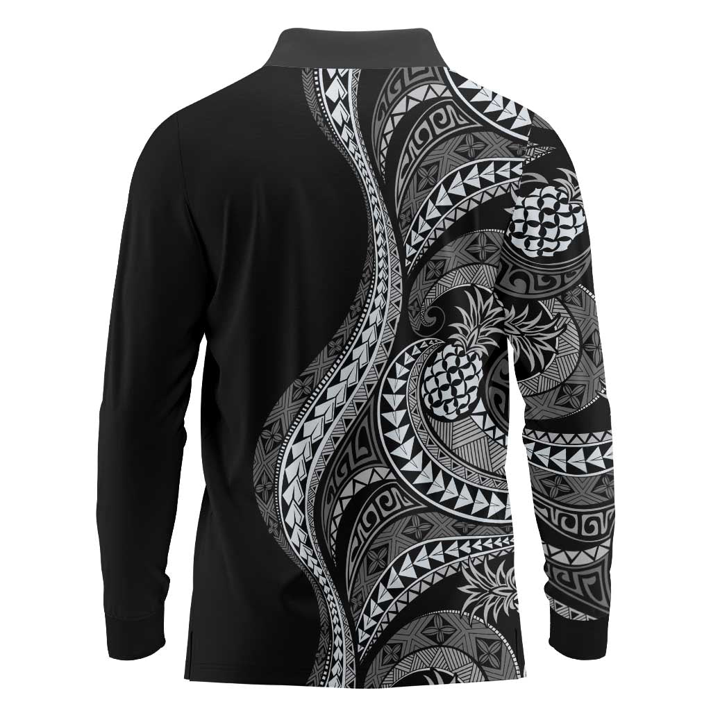 Hawaii Pineapple Gray Scale Tribal Pattern Long Sleeve Polo Shirt - Polynesian Pride