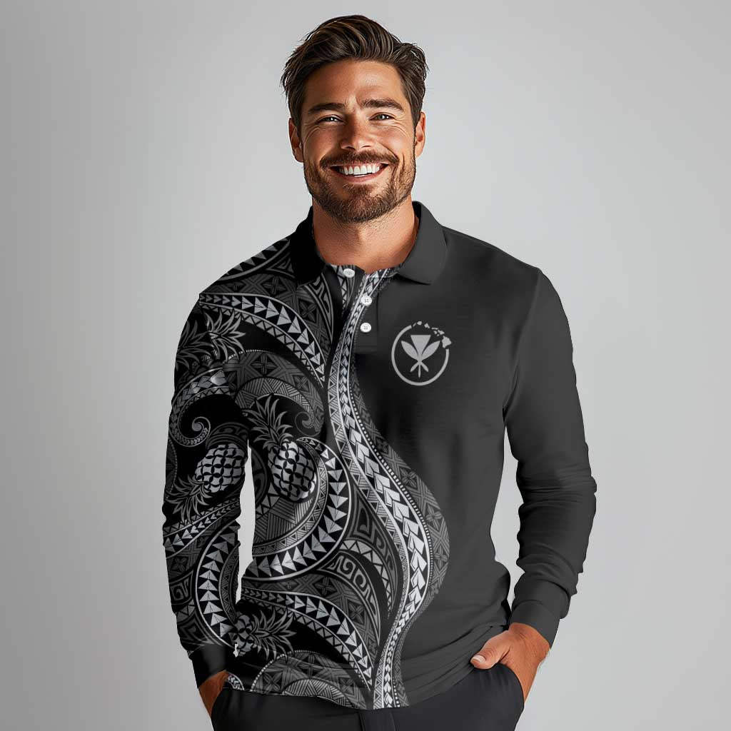 Hawaii Pineapple Gray Scale Tribal Pattern Long Sleeve Polo Shirt - Polynesian Pride
