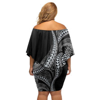 Hawaii Pineapple Gray Scale Tribal Pattern Off Shoulder Short Dress - Polynesian Pride