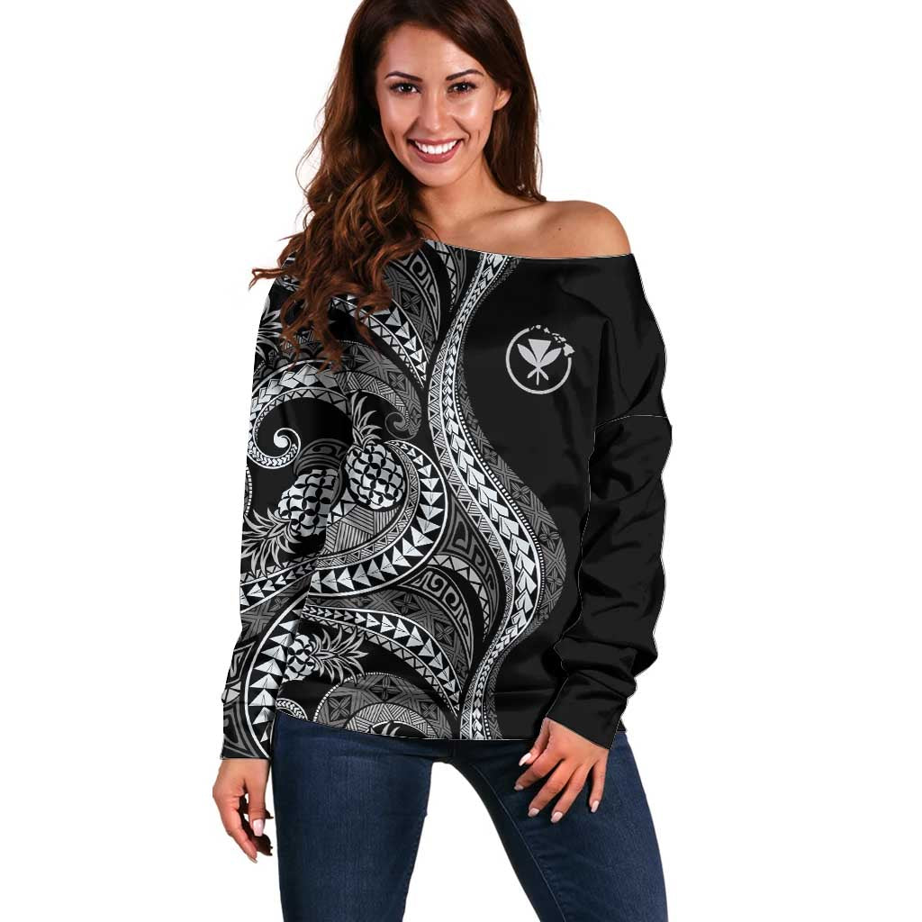 Hawaii Pineapple Gray Scale Tribal Pattern Off Shoulder Sweater - Polynesian Pride
